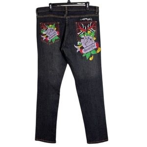 Ed Hardy Beautiful Embroidered Jeans Y2K Washed Black Straight Leg Jeans sz 17